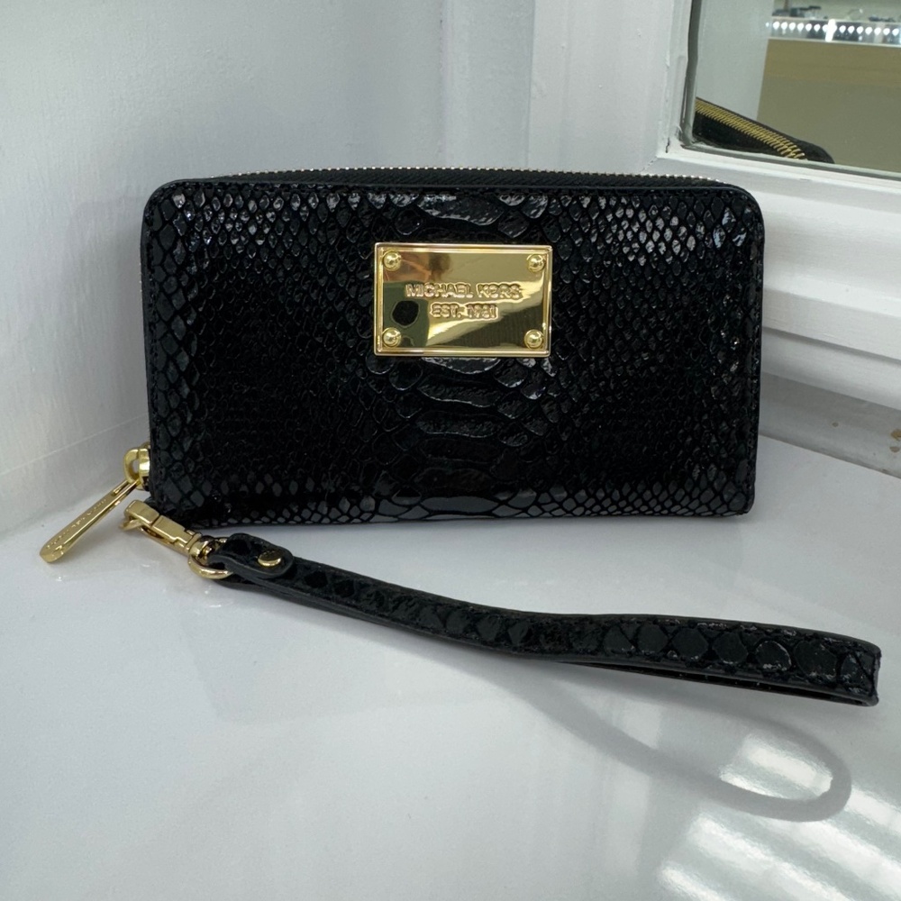 Michael Kors Black Snake Print Zip Wallet - Brand New